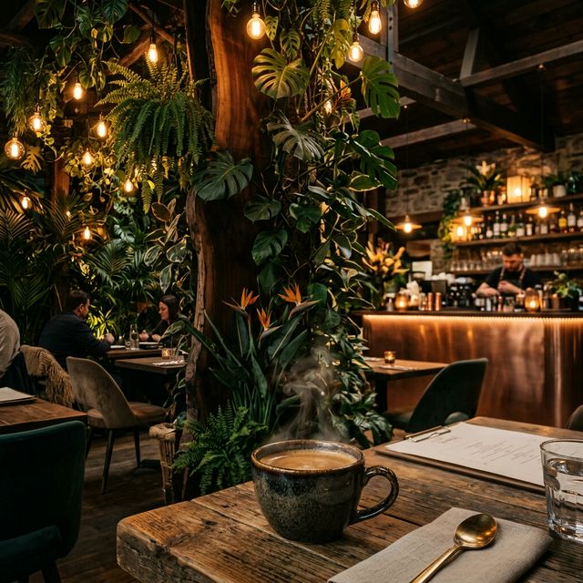 Interior of a moody jungle-themed café with tropical plants and warm lighting